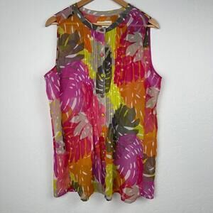 Liz Claiborne Womens Blouse XL tank top tropical sheer Button up Bright Colors